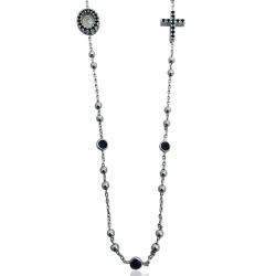 Collier a rosario cm 45 in argento 925 rodiato con croce, madonna e tramezzi con zirconi neri