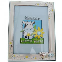 Cornice portafoto per bimbo con gattino e stelle in argento con retro in legno celeste 21x17. Prima infanzia cornici