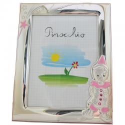 Cornice portafoto Pinocchio in legno rosa laccato argento e strass 23x18. Cornici prima infanzia
