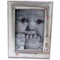 Cornice portafoto per bimba con orsacchiotta con bandierine in argento con retro in legno rosa 16x12. prima infanzia cornici