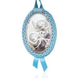 Medaglione capoculla azzurro cm 11x8 angelo custode laminato argento