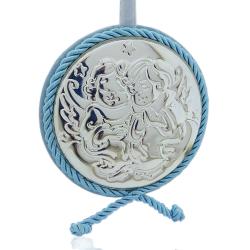 Medaglione Capoculla azzurro cm 8 Angeli laminati argento