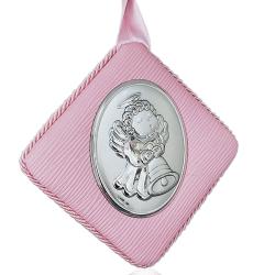 Capoculla medaglione rosa a rombo cm 12x12 Angelo con campana laminato argento
