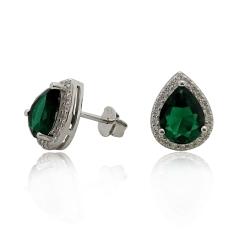 Orecchini a goccia mm 14x10 in argento 925 rodiato con zirconi bianchi e centrale verde