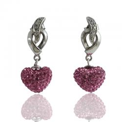 Orecchini pendenti in argento 925 rodiato con zirconi e cuori mm 12 con strass rosa