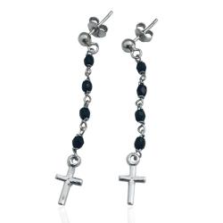 Orecchini pendenti tipo rosario in argento 925 rodiato con cristalli jet da 3 mm e croce finale mm 13x17