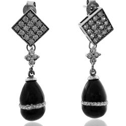 Orecchini pendenti in argento 925 rodiato con zirconi bianchi gocce nere con corona di strass