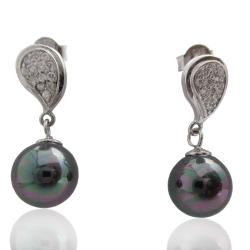 Orecchini pendenti mm 25 con goccia di strass in argento 925 e perla nera da 10 mm 