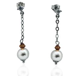 Orecchini pendenti mm 40 in argento 925 rodiato con zircone bianco, cristallo Swarovski Topaz e perla mm 8