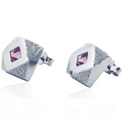 Orecchini quadrati mm 10x10 in argento 925 rodiato con lavorazione diamantata e zircone viola centrale