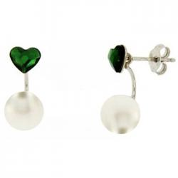 Orecchini sospesi in argento 925 rodiato con cuore in cristallo verde e perla mm 8