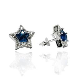 Orecchini a stella mm 12x12 in argento 925 rodiato con zirconi bianchi e centrale blu