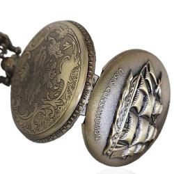 Orologio da tasca vintage celebrativo u.s.s. constitution mm 46 in lega di bronzo con catena