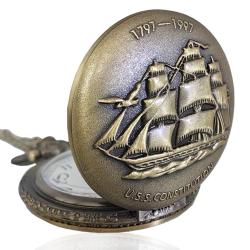Orologio da tasca vintage celebrativo u.s.s. constitution mm 46 in lega di bronzo con catena