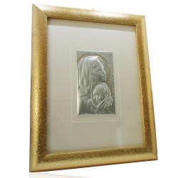 Quadro in legno laminato oro cm 60x49 con Madonna con Bimbo su lastra in argento 925