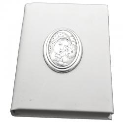 Santo Vangelo similpelle bianco cm 11x8 con maternità laminata in argento 